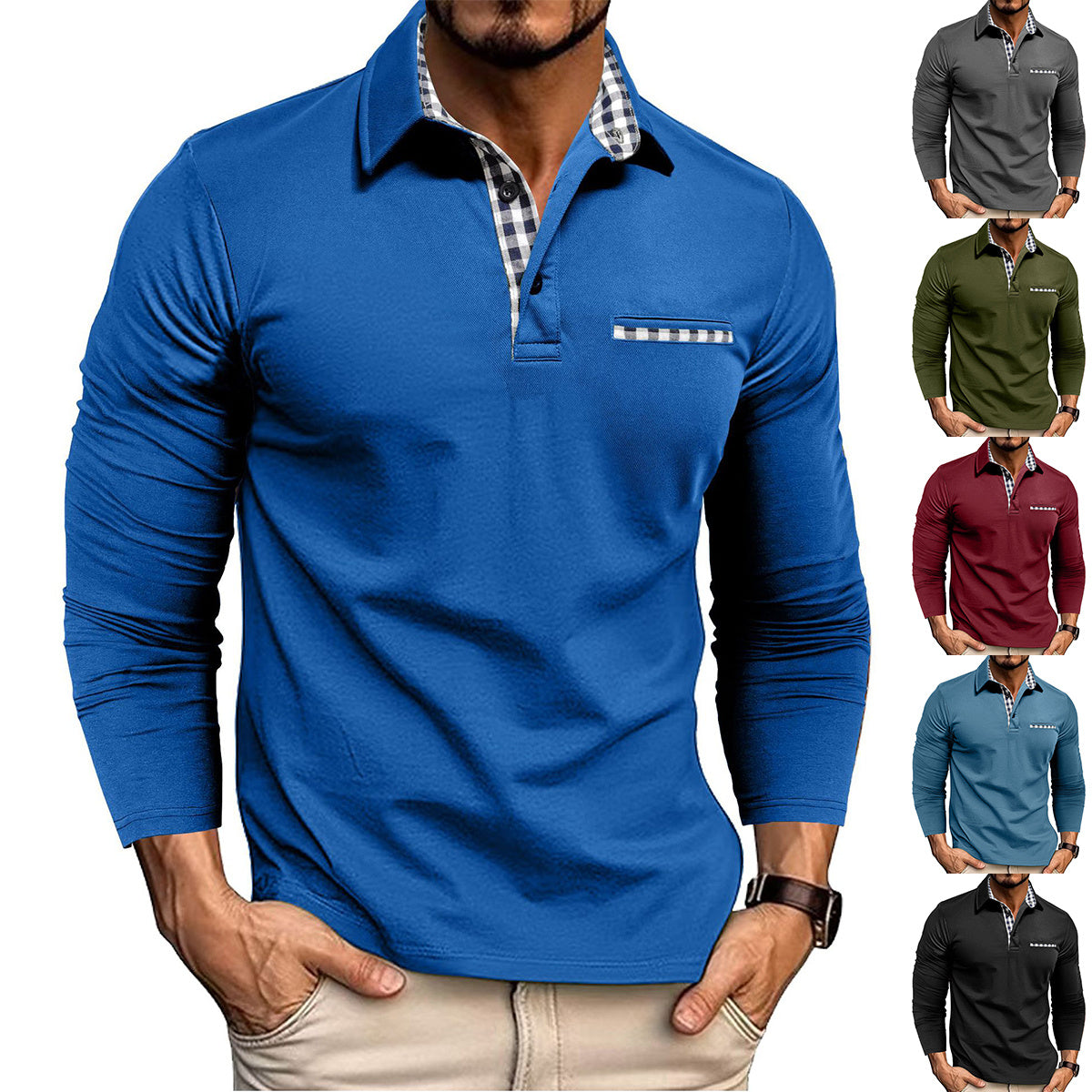 Stijlvolle Design Casual Geruite Splicing Revers Poloshirt in Effen Kleur Lange Mouwen voor Heren