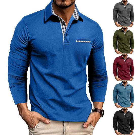 Stijlvolle Design Casual Geruite Splicing Revers Poloshirt in Effen Kleur Lange Mouwen voor Heren