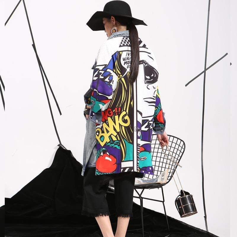 Retro Artistieke Stijl Creatieve Cartoonprint Spijker-Trenchcoat met Knoopsluiting voor Dames & Plus-size