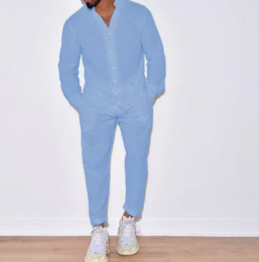 Casual 2-delige Set Linnen Effen Loungepak met Lange Mouwen voor Heren