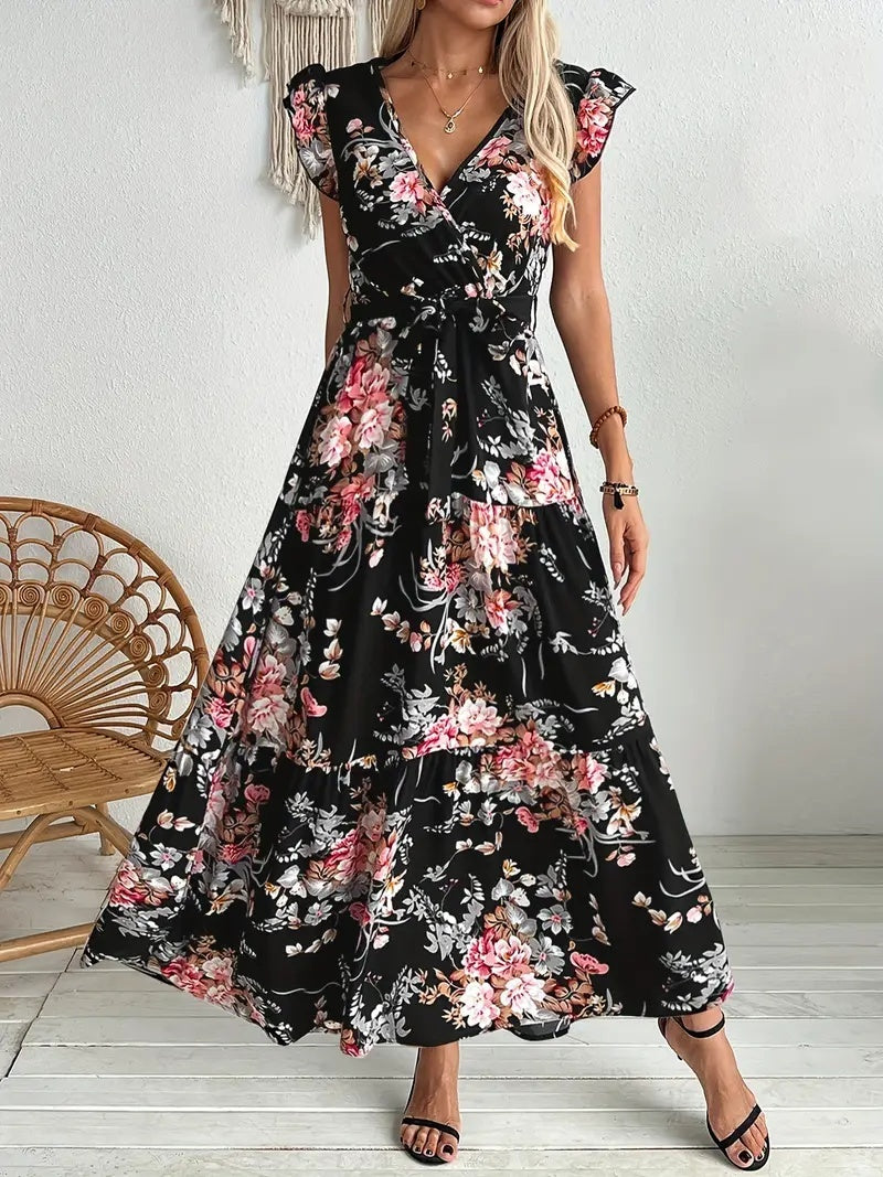 Elegante Zwarte Bloemenprint Maxi-jurk met V-hals en Korte Mouwen voor Dames & Plus-size