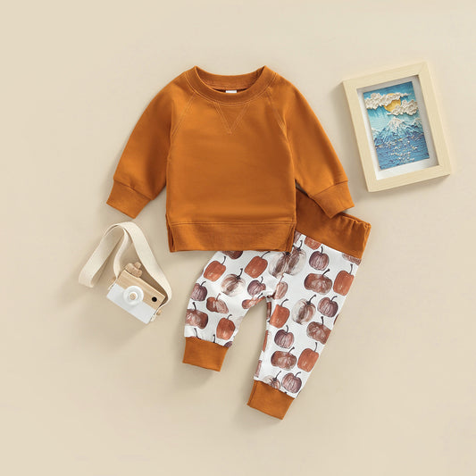 Europese en Amerikaanse Halloween Stijl 2-delige Kinderset Pompoen Kleur Sweatshirt & Pompoen Print Broek voor Baby's/ Peuters