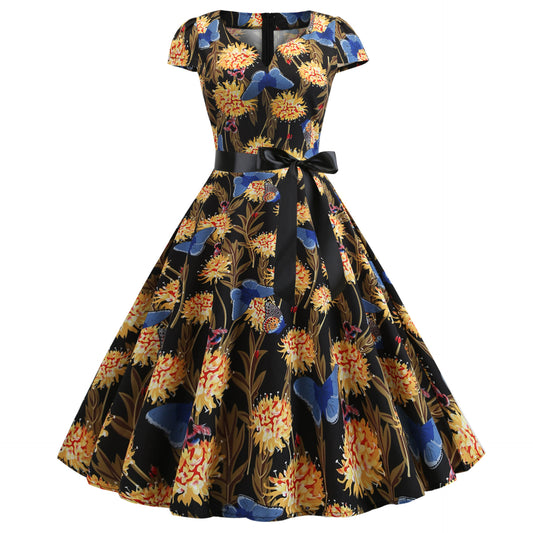 Hepburn Style Tempramentvolle Forens Vintage Swingjurk met Bloemenprint voor Dames & Plus-size