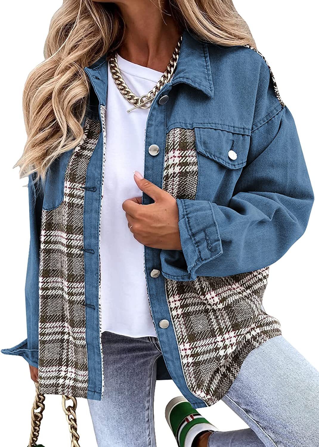 Casual Oversized Effen Kleur Geruite Lange Mouw Denim-jacket met Revers en Knoopsluiting voor Dames & Plus-size