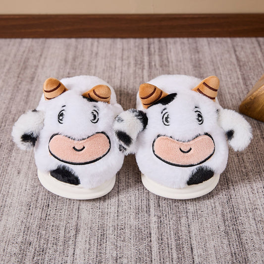 Winterse Warme Fluffy Antislip Pantoffels met Geborduurde Koe Cartoon voor Unisex