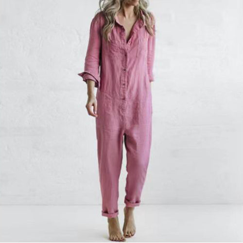 Modieuze Casual Effen Kleur Oversized Lange Mouw Revers jumpsuit met Zakken en Knoopsluiting voor Dames & Plus-size