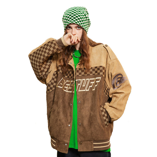 Amerikaanse Retro  Motorjacket met Schaakbordruit Patroon en Patchwork voor Dames & Plus-size