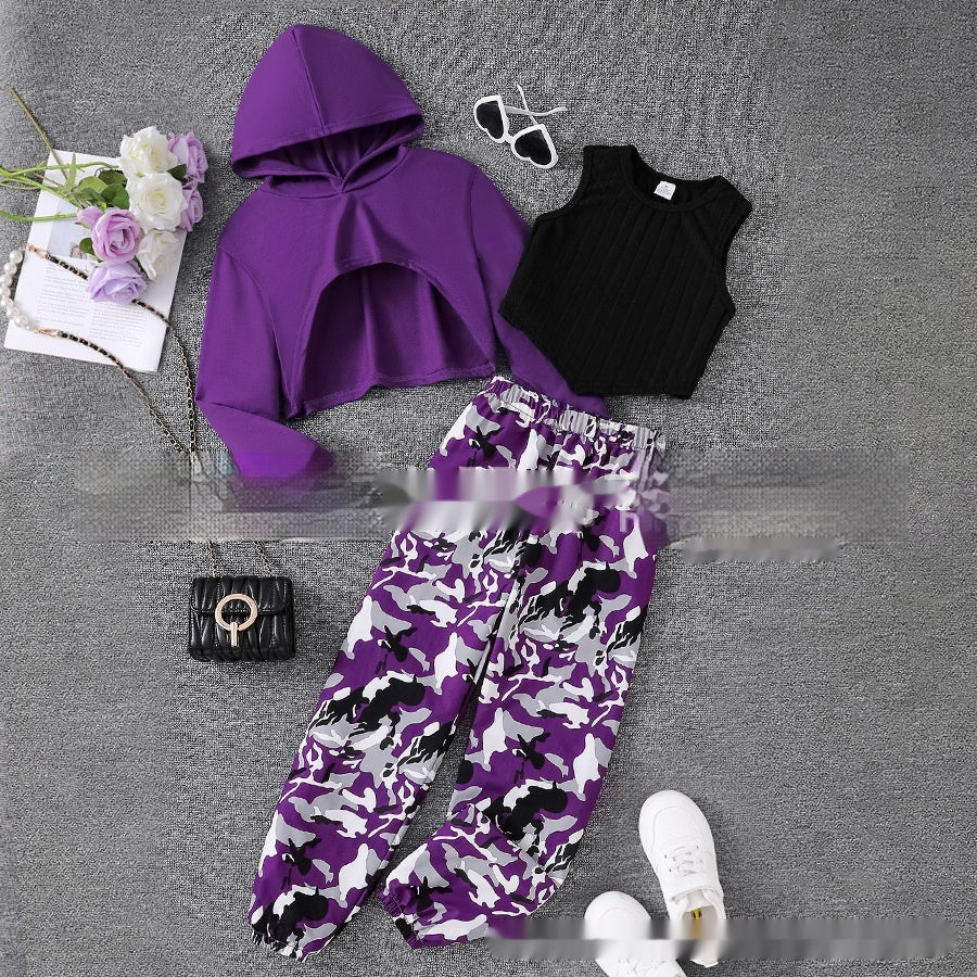 Britse Stijl Meisjes 3-delige Camouflage Outfit met Cropped Hoodie en Top & Joggingbroek voor Kinderen/ Tieners