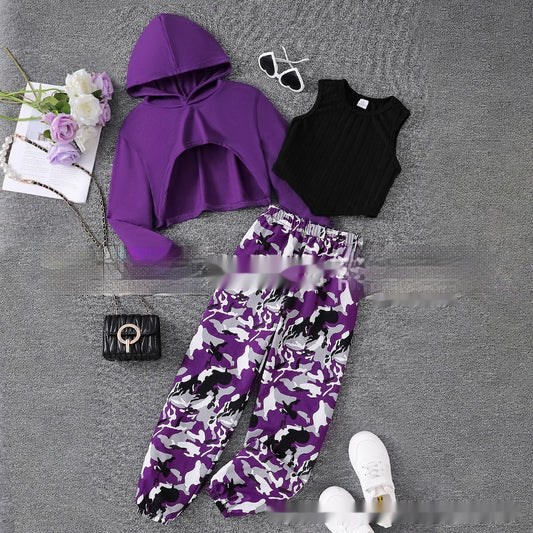 Britse Stijl Meisjes 3-delige Camouflage Outfit met Cropped Hoodie en Top & Joggingbroek voor Kinderen/ Tieners