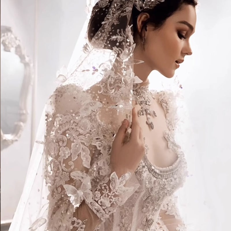 Europese Prinsessen Stijl Elegante Heavy Industry Royal Hoge Hals Pailletten Trouwjurk met Lange Sleep en Prinsessen Mouwen voor Dames  & Plus-size