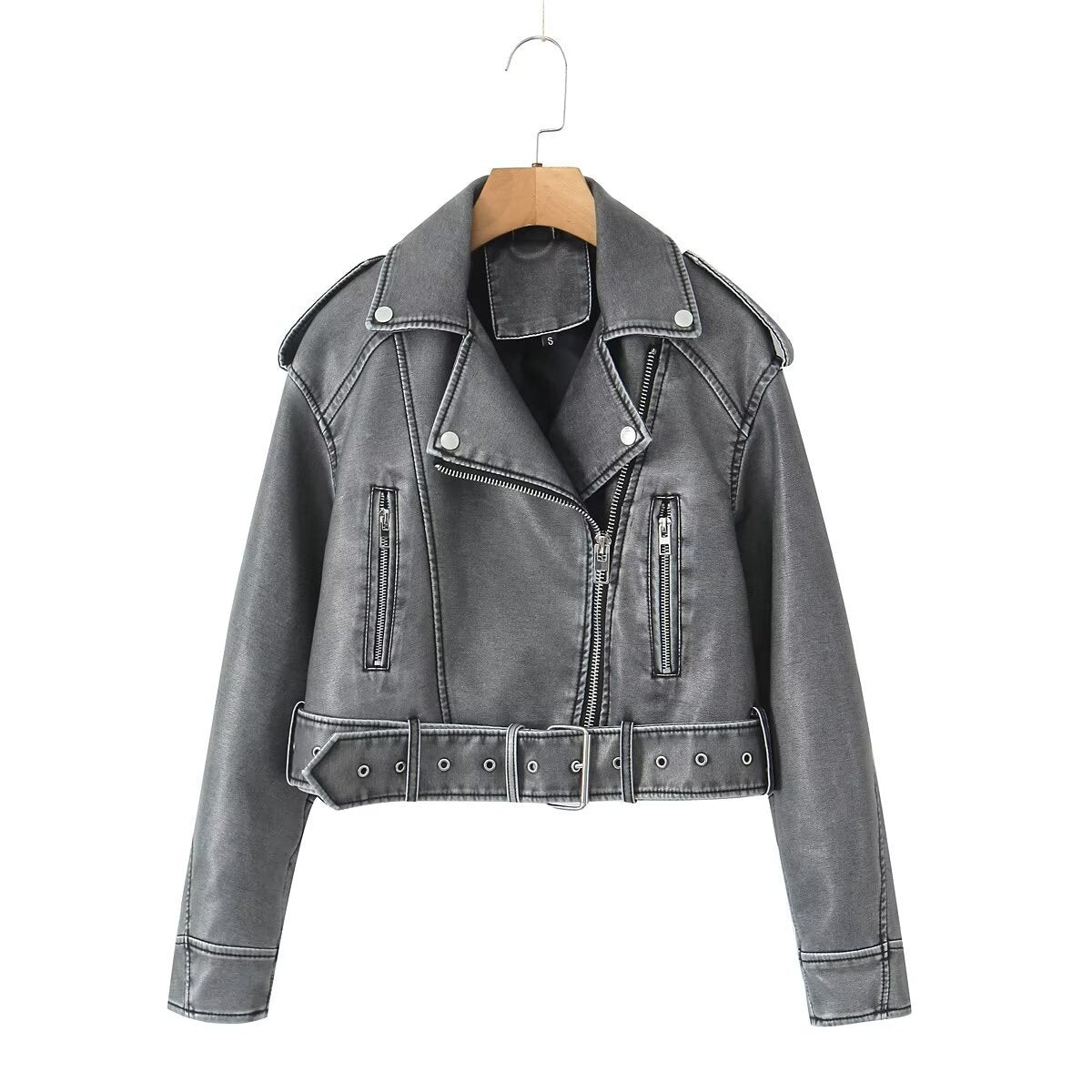 Street Hipster Fashion Washed Motorjacket van PU-Leer in Effen Kleur met Rits en Riemsluiting voor Dames