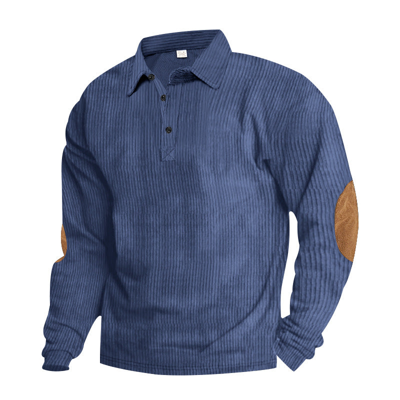 Amerikaanse Corduroy Gestreepte Effen Kleur Patchwork Poloshirt met Halve Knoopsluiting en Lange Mouwen voor Heren & Jongens