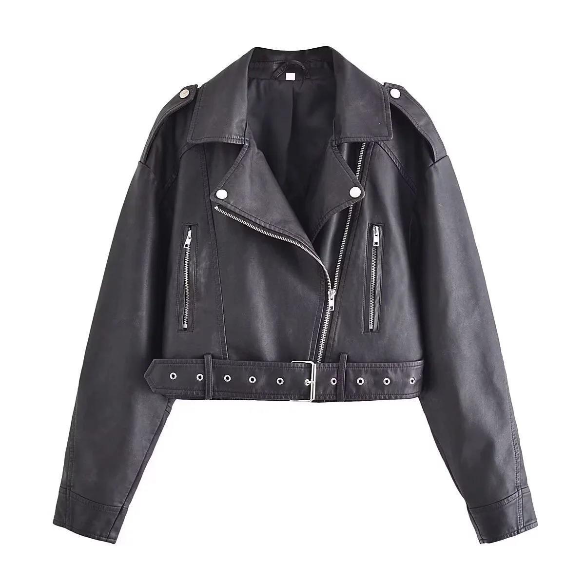 Street Hipster Fashion Washed Motorjacket van PU-Leer in Effen Kleur met Rits en Riemsluiting voor Dames