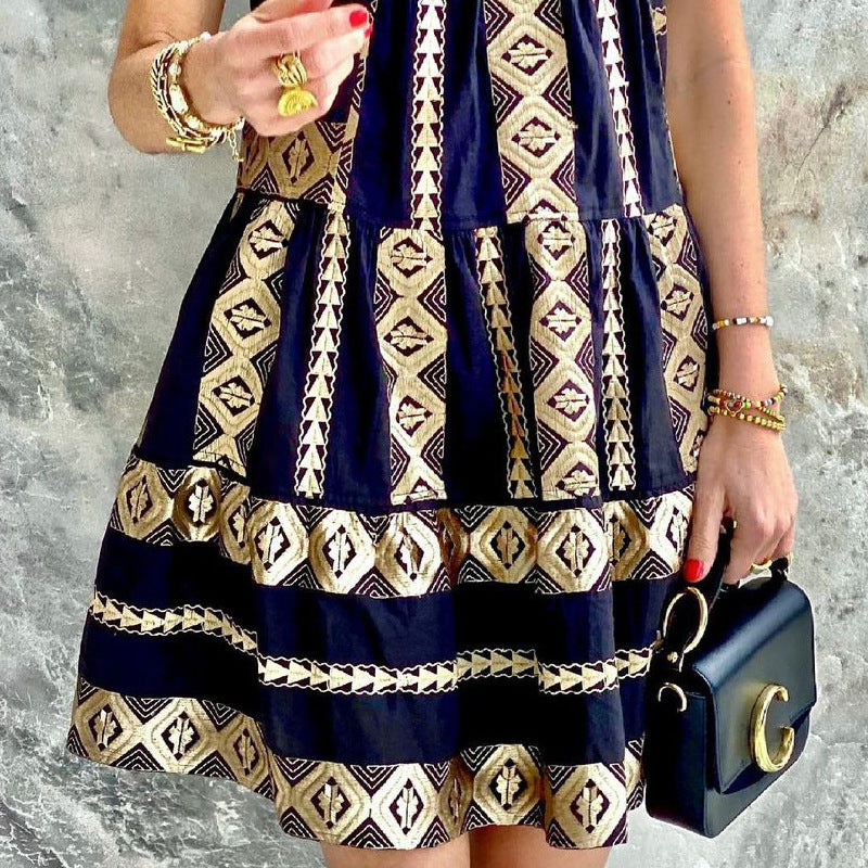 Trendy Mouwloze Vintage Jurk met V-hals en Geborduurde Print voor Dames & Plus-size