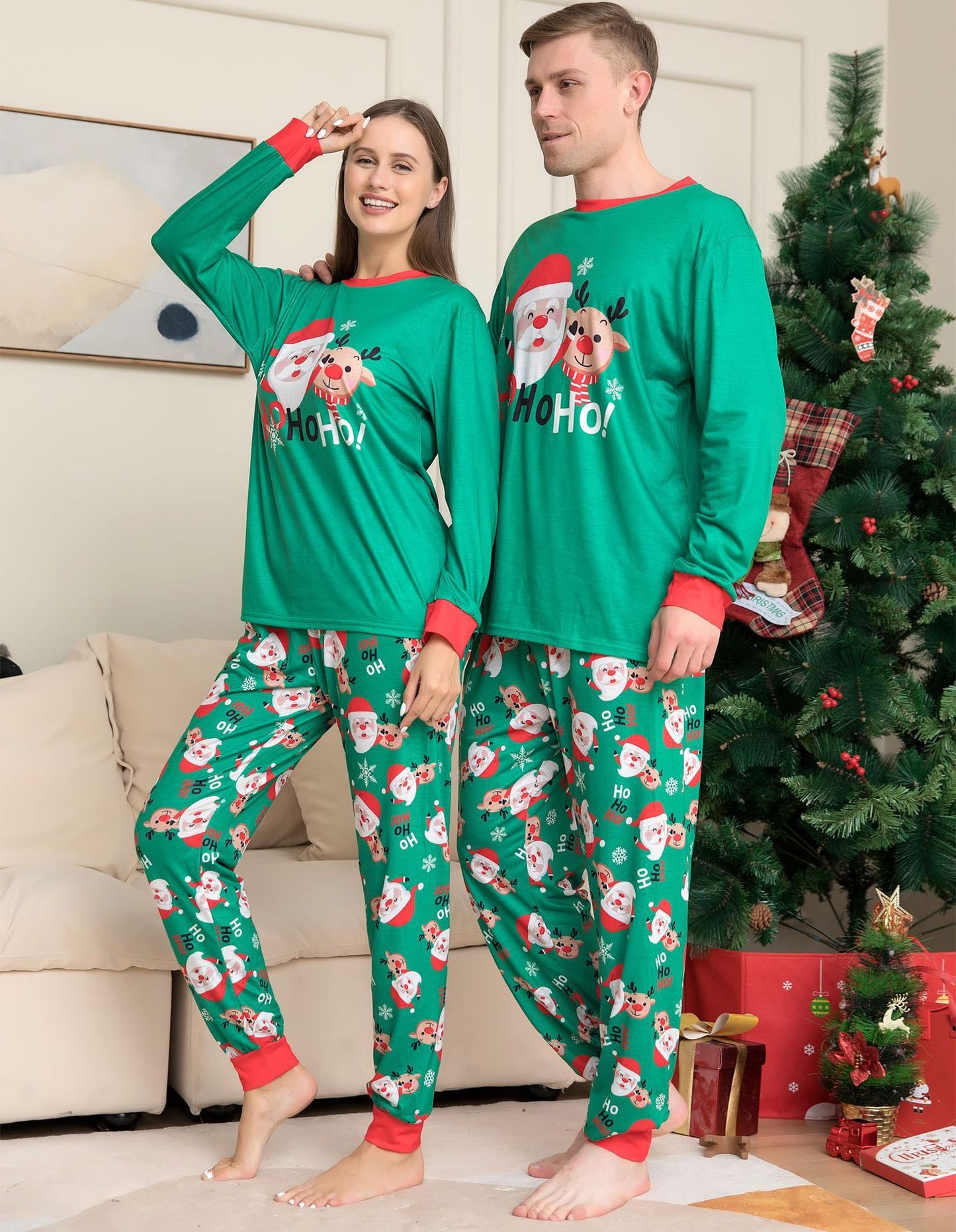 Kerstmis Familie Casual Matching Kerstpyjama Sets met Kerstmisprint voor Gezin & Koppels