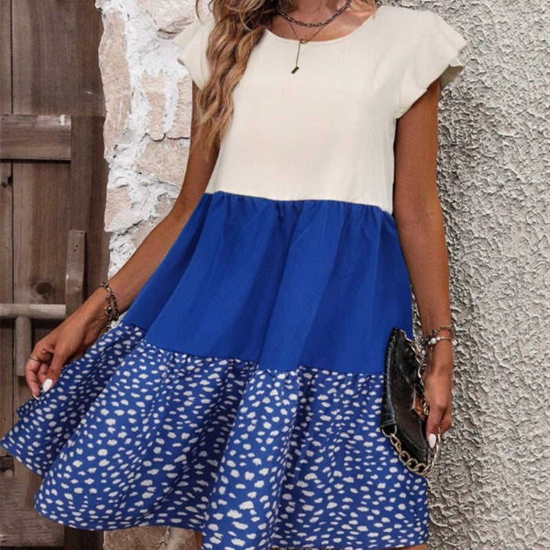 Modieus Oversized Color-block A-lijn Midi-jurk met Bedrukte Patroon en Korte Mouwen voor Dames & Plus-size