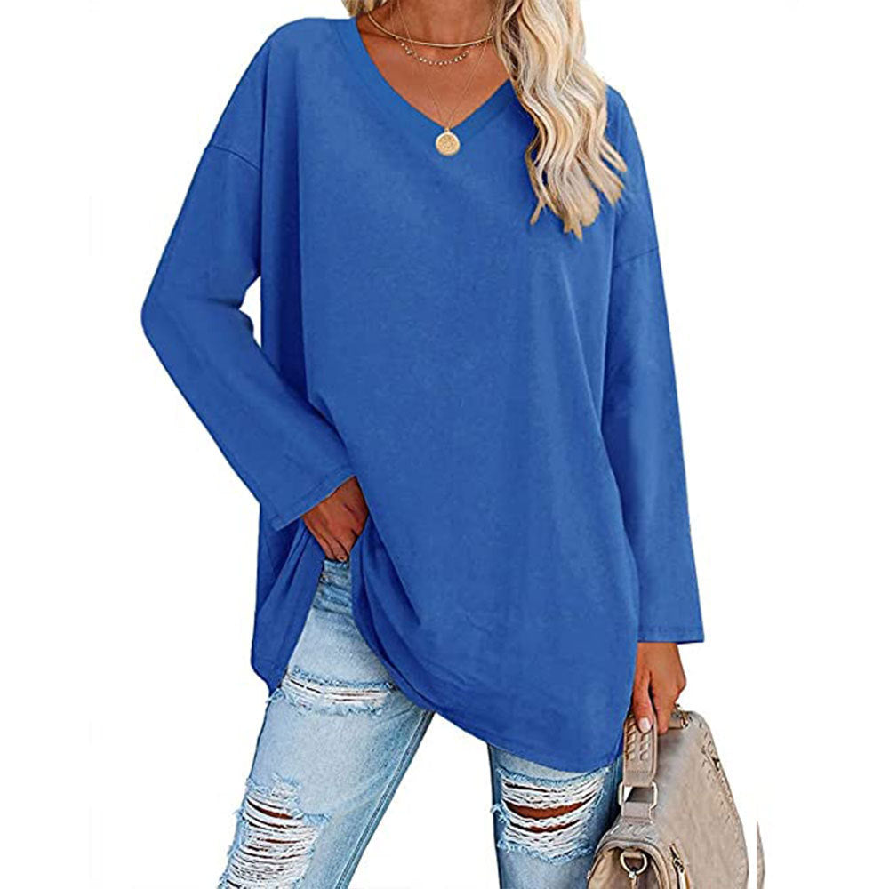 Casual V-hals Effen kleur Oversized Lange Mouw Shirt voor Dames & Plus-size