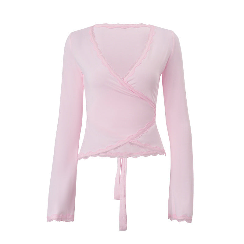 Europese Elegante Diepe V-hals Slanke Crop Top met Lange Mouwen en Kantstrik voor Dames