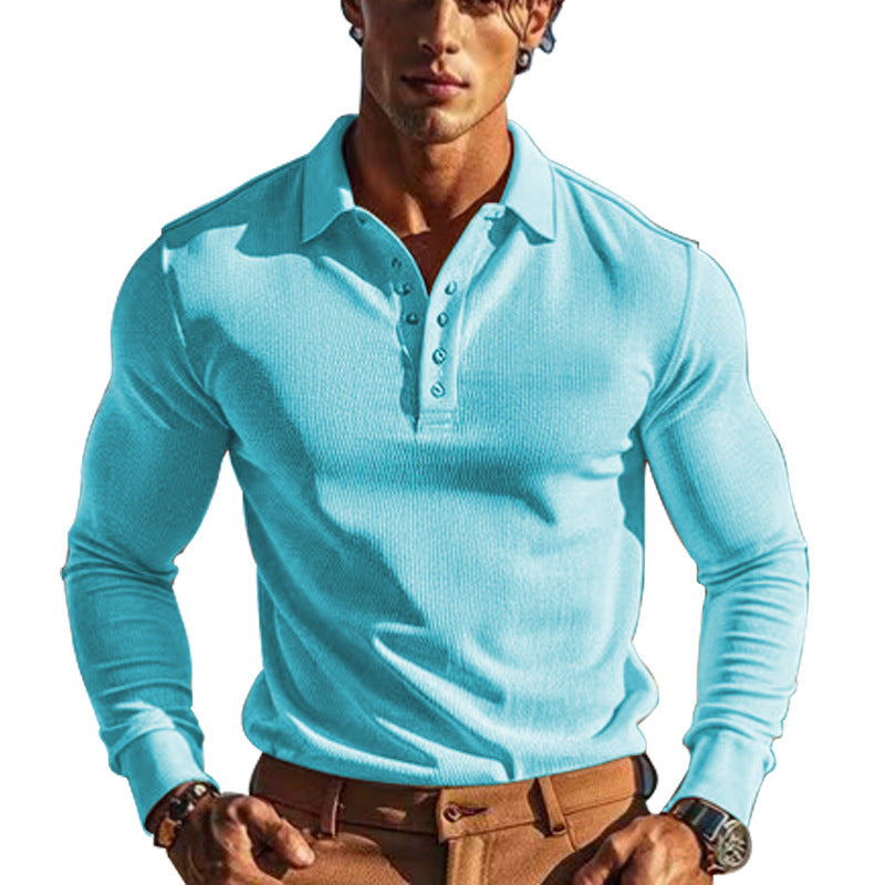 Amerikaanse Stijlvolle Casual Effen Kleur Wafelpatroon Slim Fit Lange Mouw Poloshirt met Kraag en Knoopsluiting voor Heren & Jongens