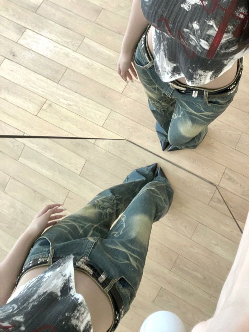 Amerikaanse Retro Washed-out Slightly Flared Jeans voor Dames/ Plus-size & Meisjes