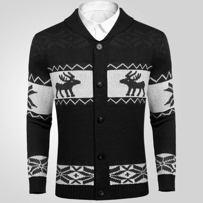 Kerstmis Unieke Gebreide Jacquard Kerst Trui-Cardigan met All-Over Gebreide Kerstprint en Knoopsluiting voor Heren