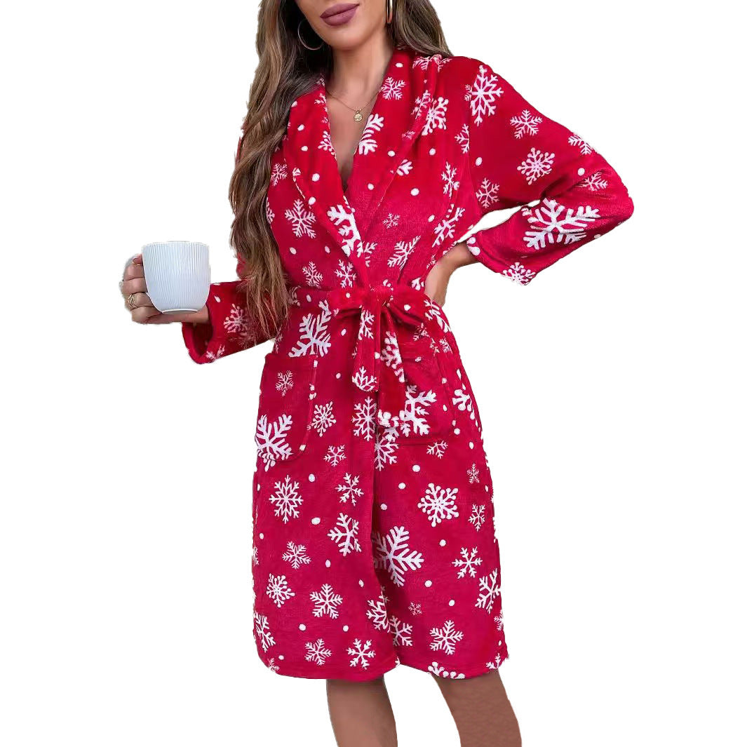 Kerstmis Elegante Stijlvolle Dikke Flanellen All-Over Bedrukte Kerstmisprint Kamer/ Badjas met Bandsluiting voor Dames & Plus-size