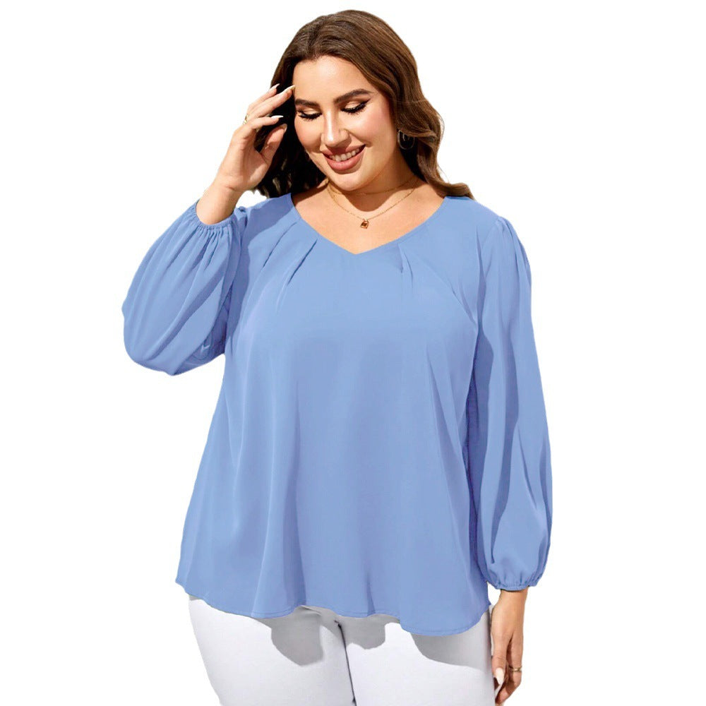 Amerikaanse Elegante Casual Effen Kleur Oversized V-hals Shirt met Lange Mouwen voor Plus-size
