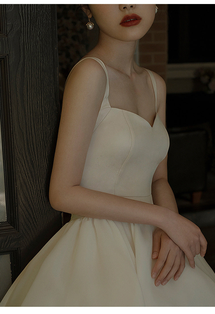 Dames Franse Hepburn-stijl lichte bandjes eenvoudige satijnen vintage jurk