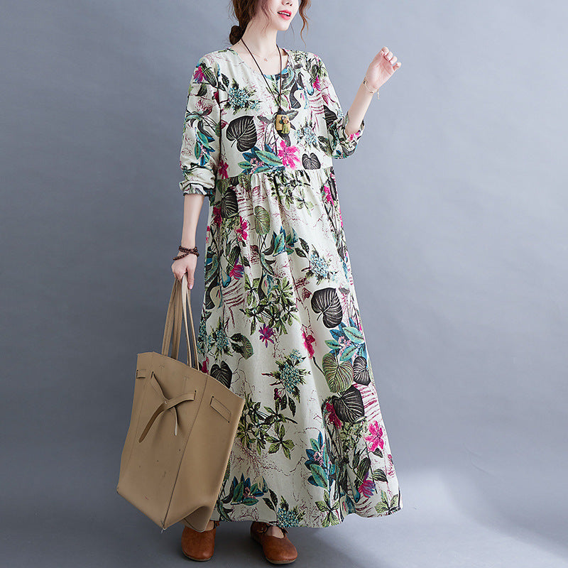 Literaire Stijl Oversized Bloemenprint Katoenen Maxi-jurk met Lange Mouwen en Ronde Hals voor Dames & Plus-size