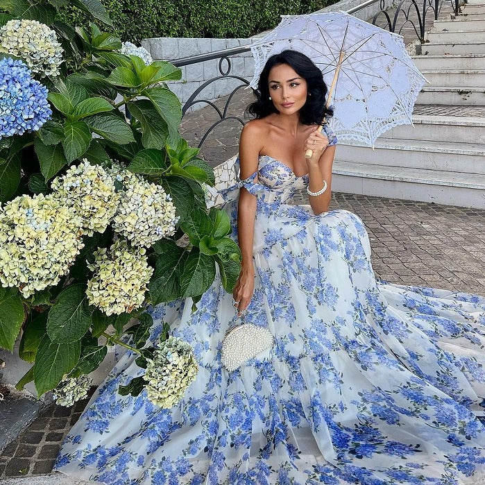 Elegante Bloemenprint Off-Shoulder Organza Maxi-jurk voor Feesten/Bruiloften met Strikbandjes en Vetersluiting voor Dames & Plus-size