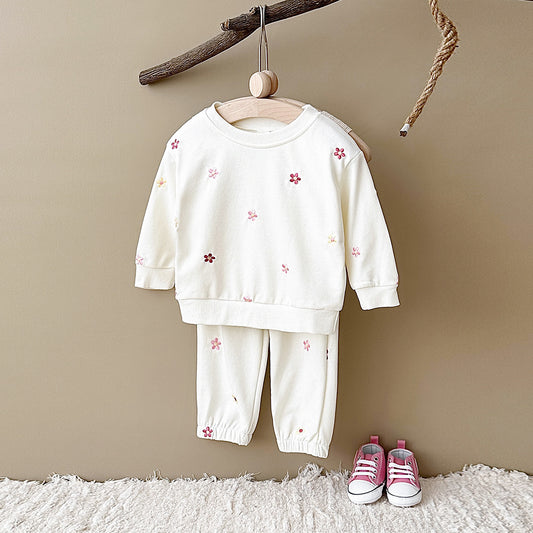 Casual Tweedelig Set Sweatshirt & Broek met Geborduurde Bloementjes voor Baby's/ Peuters