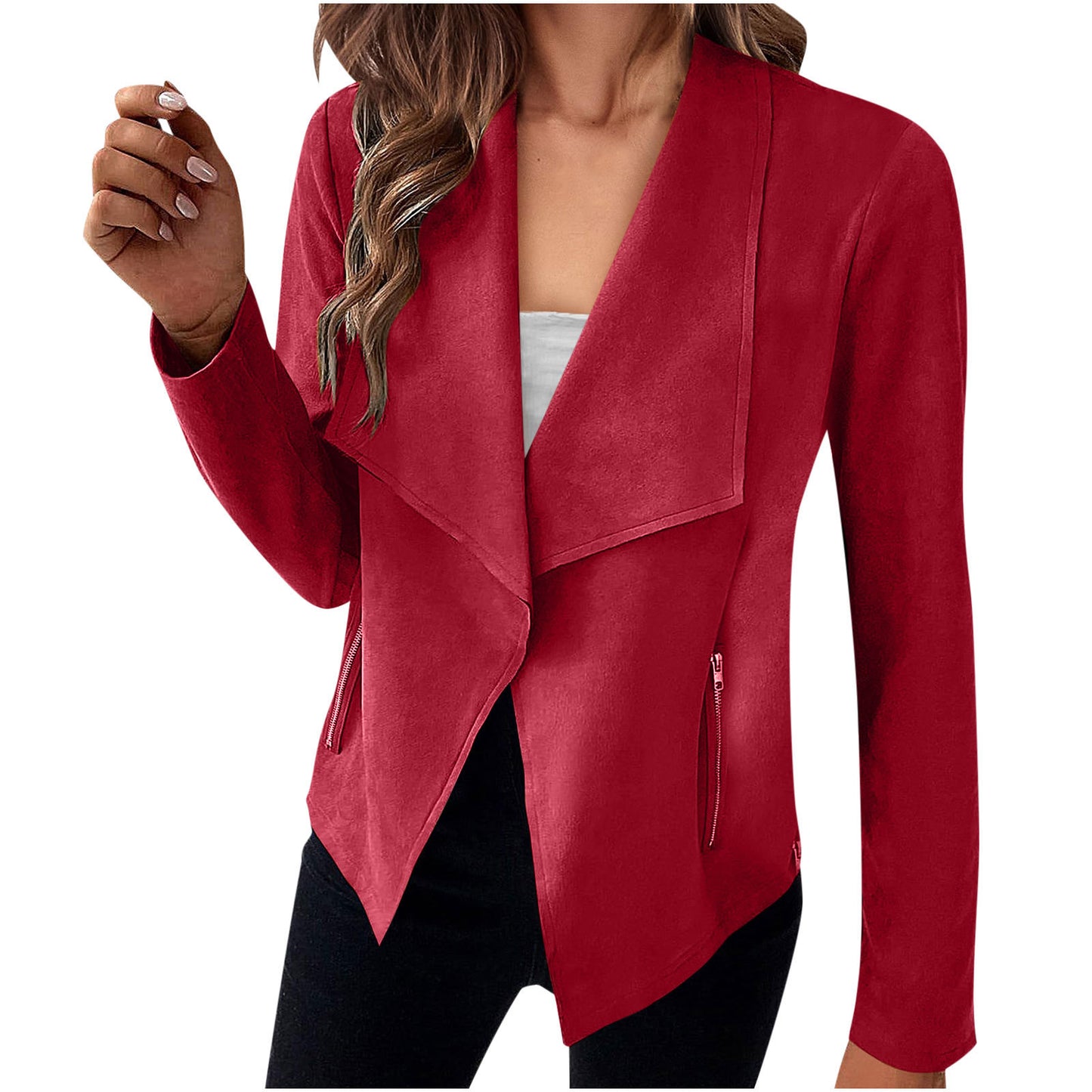 Stijlvolle Casual/Business in Effen Kleur Revers Suède Open Blazer met Ritszakken voor Dames & Plus-size