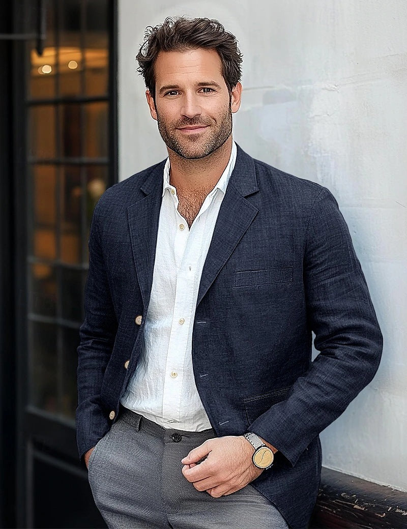 Retro Casual Effen Kleur Katoenen en Linnen Blazer met Knoopsluiting voor Heren & Jongens