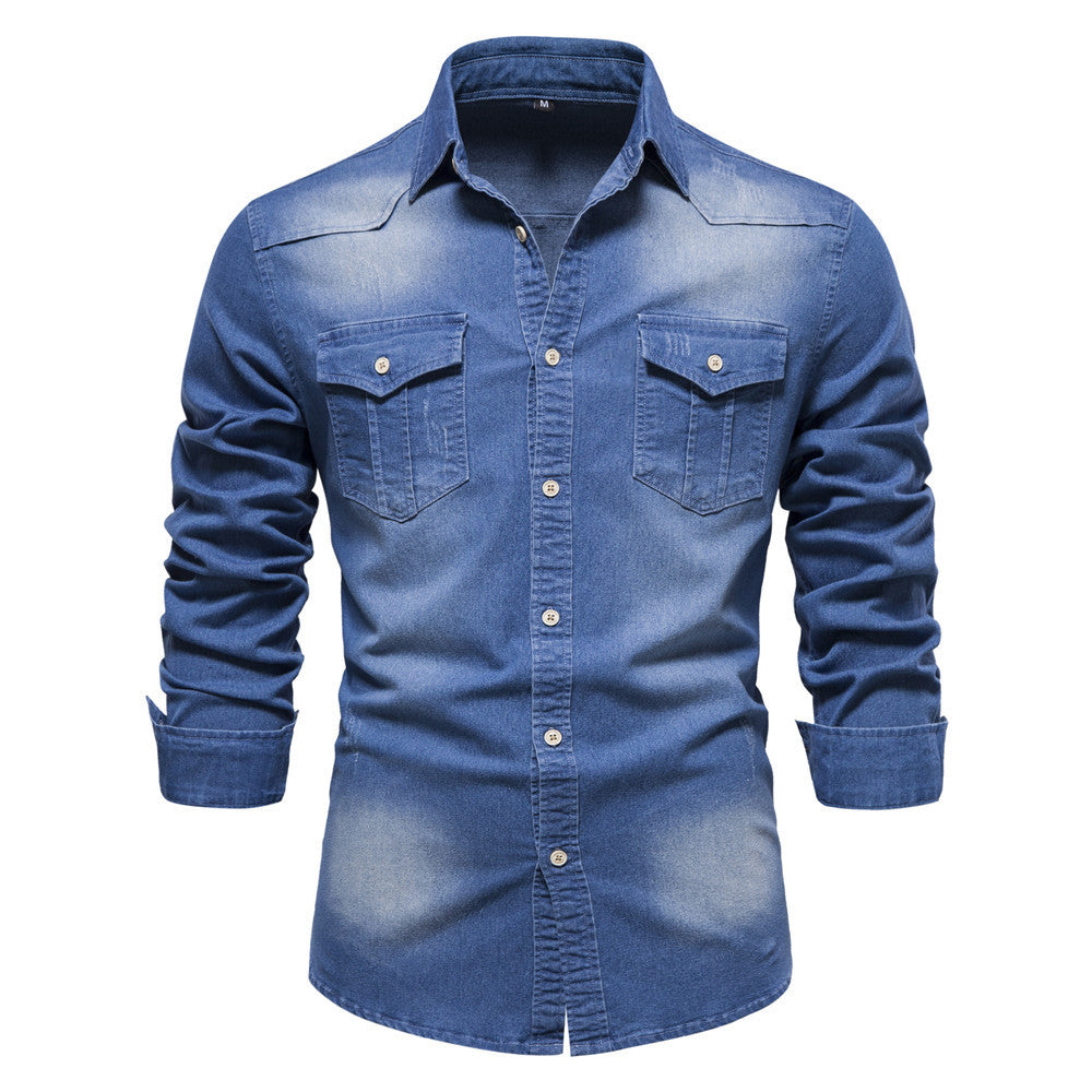 Stijlvolle Designer Casual Slim-Fit Spijker-Overhemd in Effen Kleur met Lange Mouwen en Zakken voor Heren