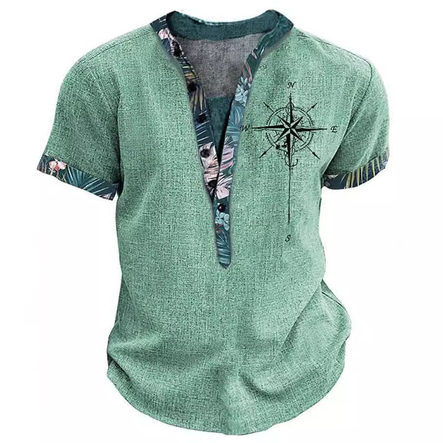 Amerikaanse Casual Effen Kleur 3D-bedrukte Vintage-print V-hals T-shirt met Korte Mouwen en Knoopsluiting voor Heren