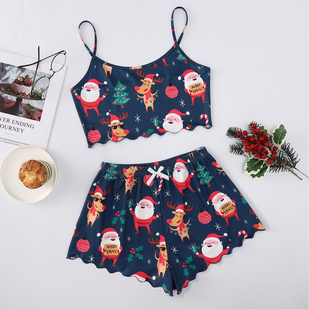 Kerstmis Amerikaanse Casual Bedrukte Kerstmisprint Korte Mouwloze Huis/ Pyjama-outfit met Spaghettibandjes voor Dames & Meiden