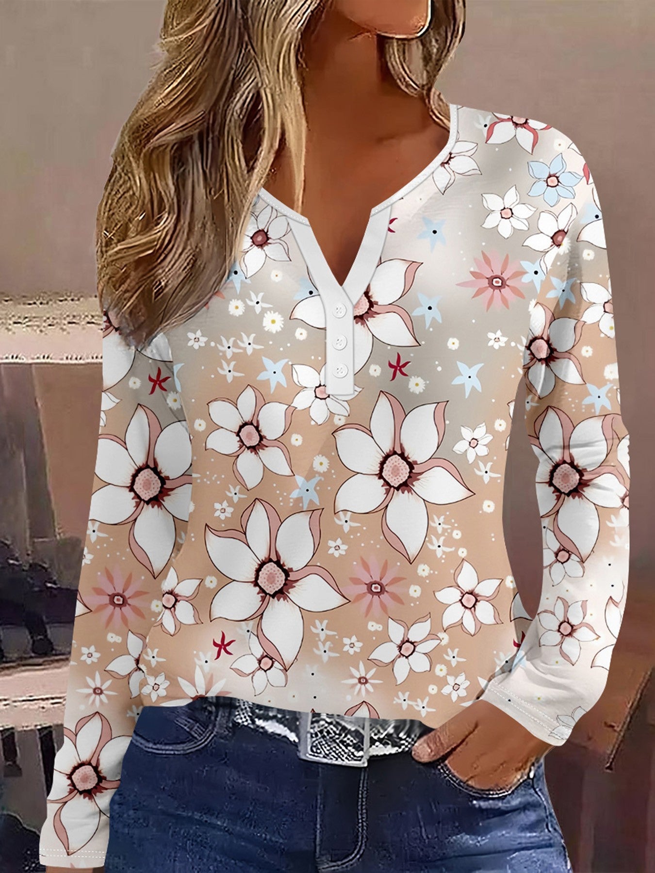 Amerikaanse Modieuze Oversized All-match Trendy V-hals Long-Sleeve Shirt met Geometrisch Patroon voor Dames & Plus-size