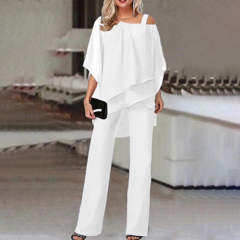 Elegante Stijlvolle Effen Kleur 2-delige Outfit * Oversized Off-Shoulder Top met Vleermuismouwen & Rechte Wijde Pijpen Broek voor Dames/Plus-size & Meiden
