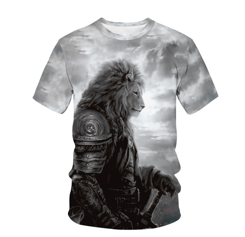 Amerikaanse Digitaal Bedrukte Dierenprint Slim-fit T-shirt met Ronde Hals en Korte Mouwen voor Heren