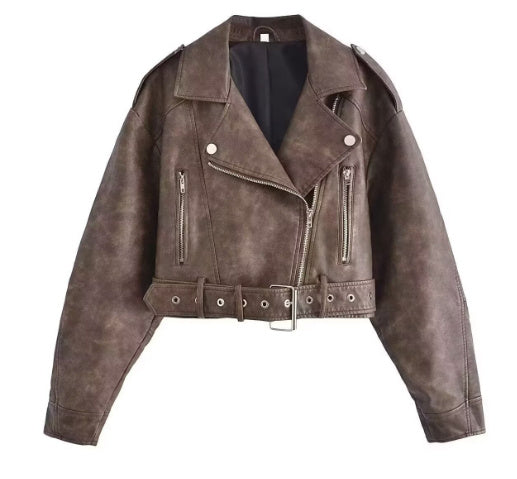 Street Hipster Fashion Washed Motorjacket van PU-Leer in Effen Kleur met Rits en Riemsluiting voor Dames