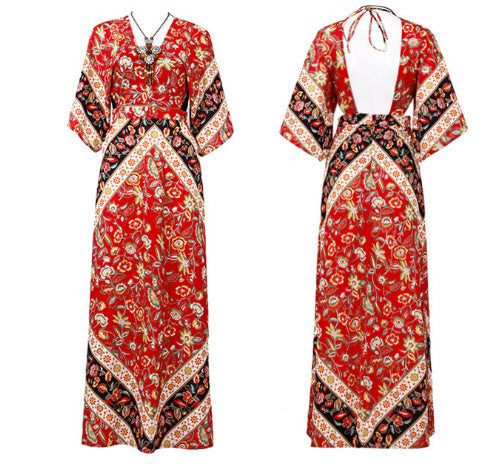 Uniek Ontwerp Casual Rode Vintage Bloemenprint Maxi Jurk met Open Rug en Lange Mouwen voor Dames