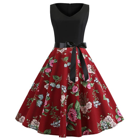 Hepburn Style Retro Afslankende Bloemenprint Big Swingjurk voor Dames & Plus-size