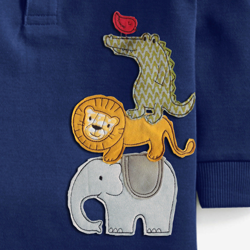 Amerikaanse Trendy Casual Effen Kleur Little Maven Poloshirt met Geborduurde Dieren en Lange Mouwen voor Kinderne