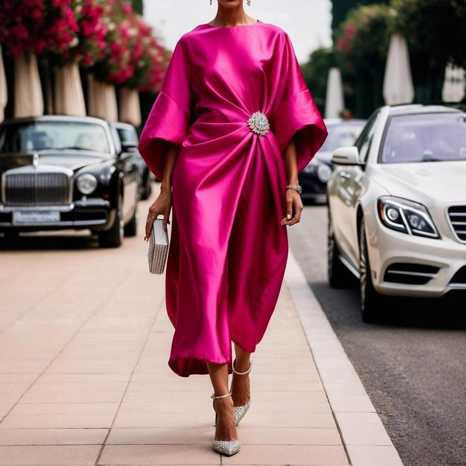 Kerstmis Amerikaanse desinger Elegante Satijnen Kerst/Galajurk met Decoratief Broche met Bloemenkralen Dames & Plus-size