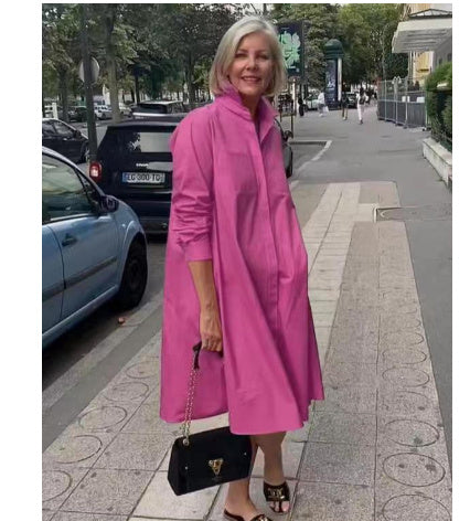 Klassieke Elegante Effen Kleur Middellange Overhemdjurk met Lange Mouwen voor Dames & Plus-size