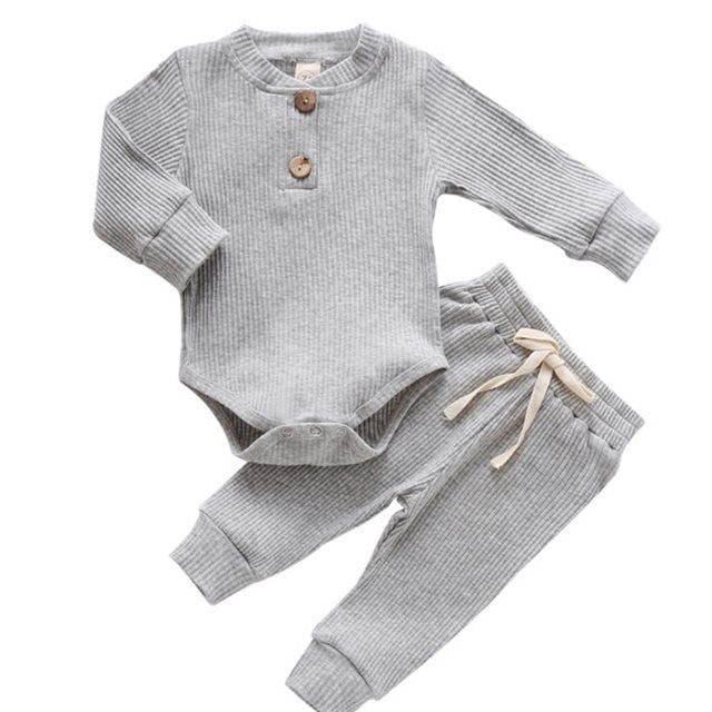 Casual 2-delige Pyjamaset Effen Kleur Rompertje met Lange Mouwen & Broek met Veter voor Baby's/ Peuters