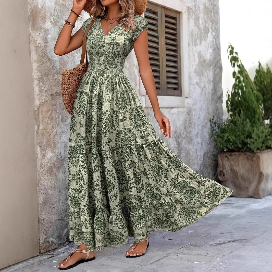 Elegante Vintage V-hals Floraprint Maxi-jurk met Korte Mouwen en Grote Zoom voor Dames & Plus-size