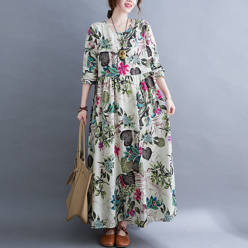 Literaire Stijl Oversized Bloemenprint Katoenen Maxi-jurk met Lange Mouwen en Ronde Hals voor Dames & Plus-size