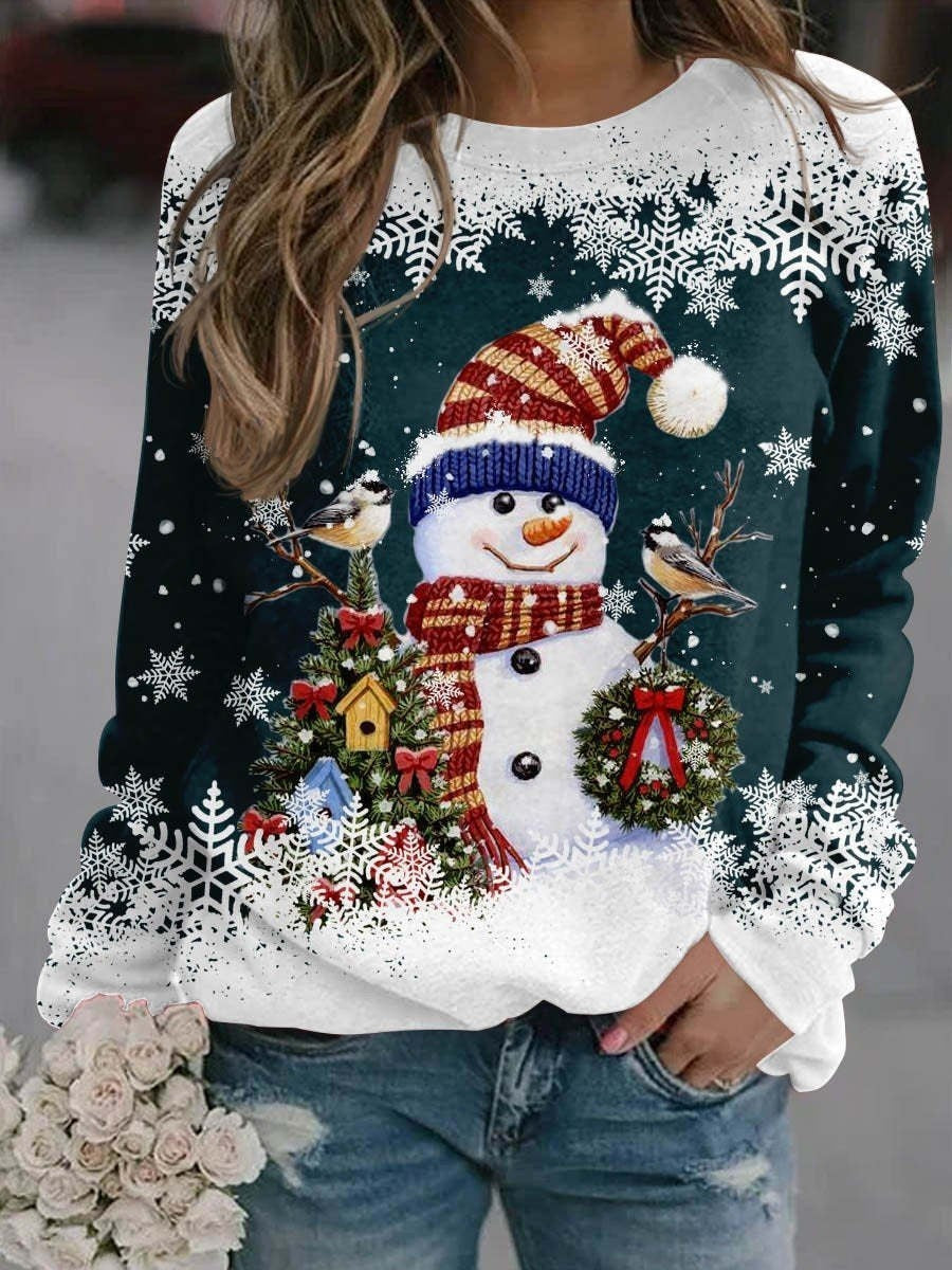 Kerstmis Casual Oversized Bedrukte Sneeuwpop-Print Sweatshirt met Ronde Hals