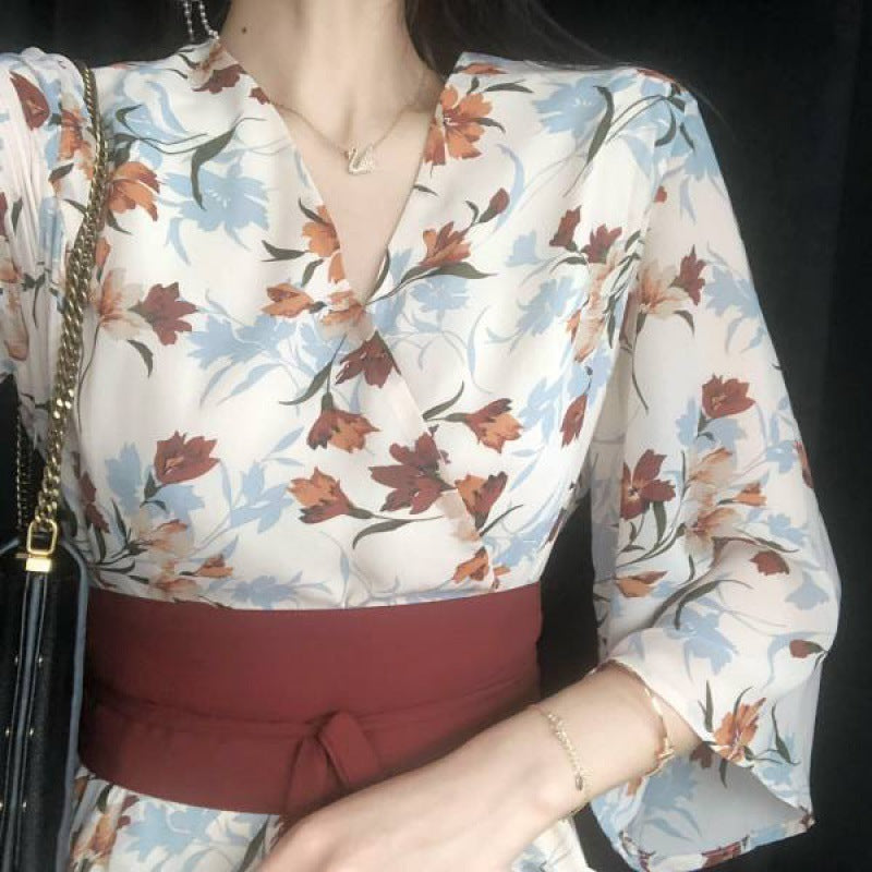 Hepburn Style Franse Retro Bloemenprint Jurk met Lange Mouwen en Riem in Britse Stijl voor Dames & Plus-size